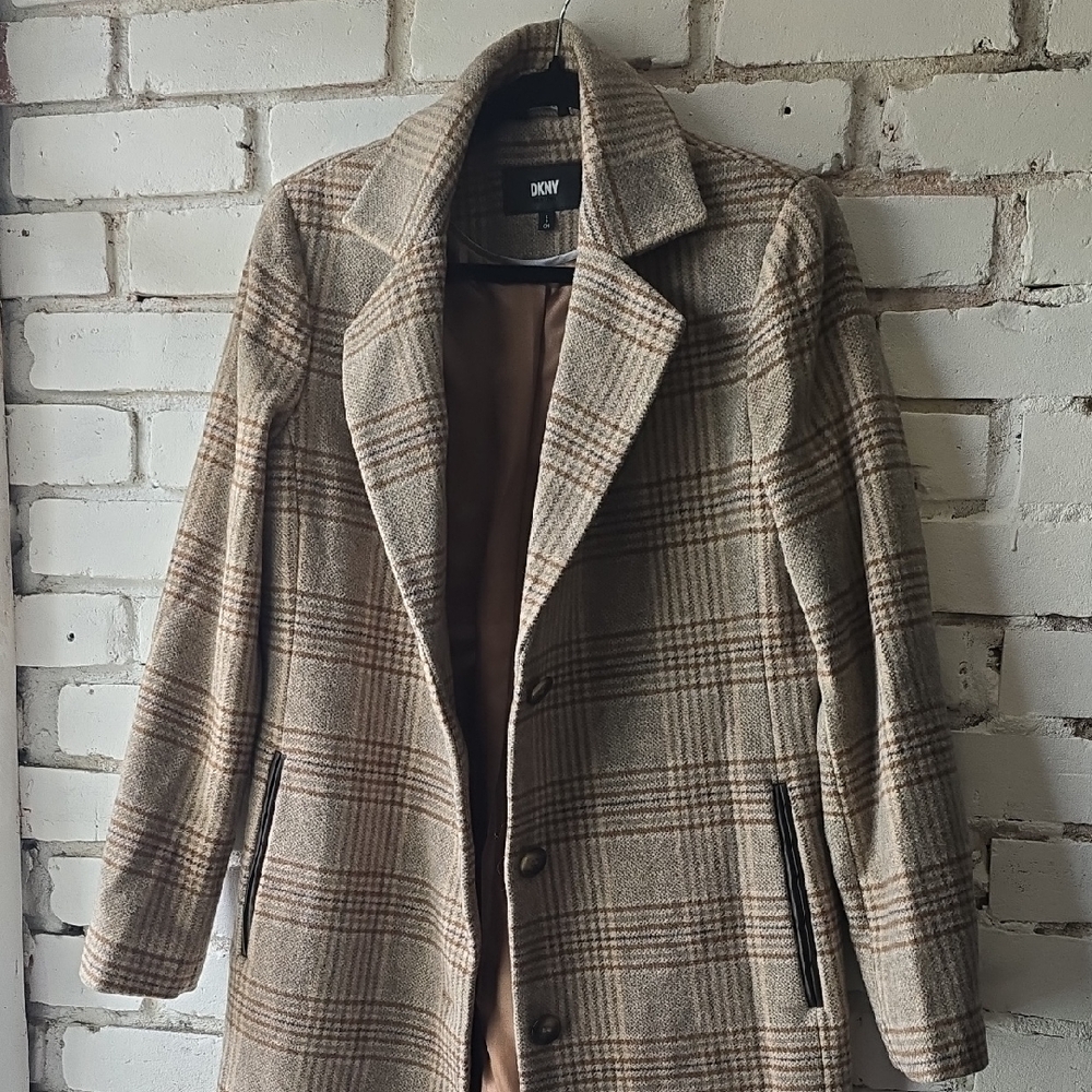 DKNY Women's Checkered Brown Trench Coat